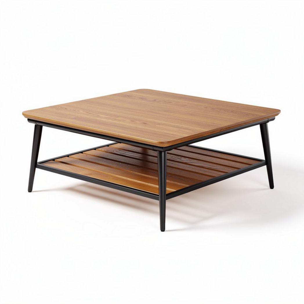 Tavolino quadrato in legno e metallo con ripiano inferiore 100 x 100 x 40cm